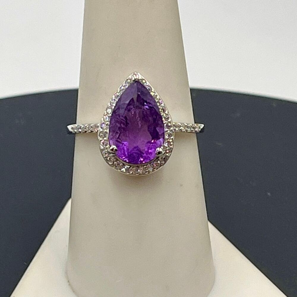 S925 Sterling Silver Pear Shaped Purple Amethyst CZ ring Sze‎ 8.25
